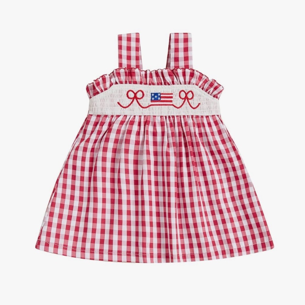 Red & White Gingham Dress w/ American Flag Embroidery